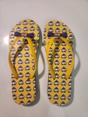 Women's LSU Yellow & Purple Logo Heart All Over Flip Flops with Bow Accent